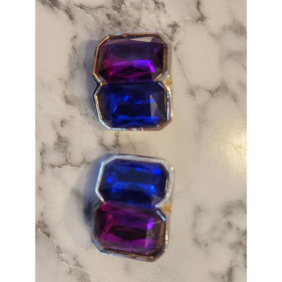Vintage Clip-On Earrings With Rectangular Blue & Purple Stones - Picture 2 of 5